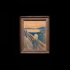 Obraz "Krzyk" inspirowany Van Goghiem, przedstawia przerażoną postać na tle krwawego nieba.