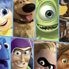 Kolaż postaci z filmów Pixara: Zygzak McQueen, Radość, Dug, Mike Wazowski, WALL-E, Flik, Remy, Dory, Buzz Astral, Pan Niesamowity, Arlo i Merida. To film o emocjach dla dzieci.