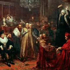 Scena z życia dworskiego, ukazująca bogactwo i przepych epoki barok w Polsce. W centrum mężczyzna w złotej szacie, otoczony przez dostojników.