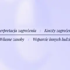 Wzór opisujący racjonalizację jako mechanizm obronny: interpretacja zagrożenia i koszty zagrożenia dzielone przez własne zasoby i wsparcie innych ludzi.