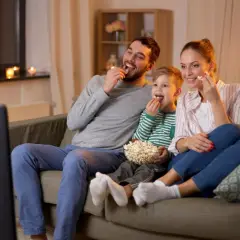 Rodzina ogląda filmy o rodzinie, zajadając popcorn. Radość i wspólne chwile na kanapie.