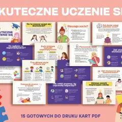 Ilustracja z kartami PDF o skutecznym uczeniu się, z grafikami i tekstem.