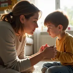 Mama czule trzyma dłonie syna, rozmawiając z nim o tym, jak oduczyć dziecko przeklinania.