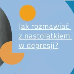 Kobieta z ręką na czole, symbolizująca trudności. Tekst: "Jak rozmawiać z nastolatkiem w depresji?".