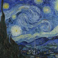 Wirujący nocny krajobraz Van Gogha, z cyprysem przypominającym ucho, gwiazdami i księżycem.