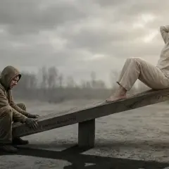 Nienawiść między dorosłym rodzeństwem. Na huśtawce siedzi zadowolona kobieta, podczas gdy mężczyzna w kapturze, zrezygnowany, siedzi niżej.
