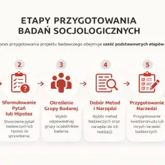 Schemat przedstawia 6 etapów przygotowania badań socjologicznych: definicja problemu, pytania/hipotezy, grupa badana, metody i narzędzia, przygotowanie narzędzi, harmonogram.