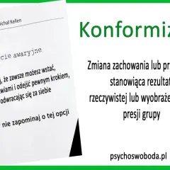 Konformista to ten, kto ulega presji grupy. Obrazek pokazuje "wyjście awaryjne" i radę, by odejść, gdy sytuacja staje się nie do zniesienia.