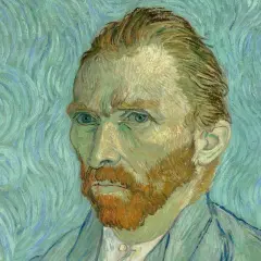 Portret Vincenta van Gogha z intensywnym spojrzeniem, na tle wirującego, błękitnego nieba.
