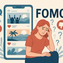Smutna dziewczyna z FOMO, widząc w telefonie zdjęcia z wakacji, czuje, co można stracić.