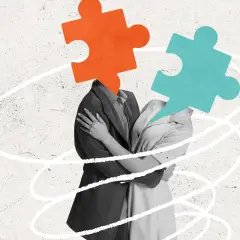Dwie postacie przytulają się, ich głowy zastąpione są przez puzzle. Moja dorosła córka nie akceptuje mojego partnera, co symbolizuje ten obraz.
