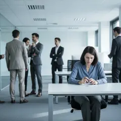 Kobieta przy biurku, czuje się samotna i wyizolowana, podczas gdy koledzy rozmawiają w tle. To obraz molestowania w pracy.