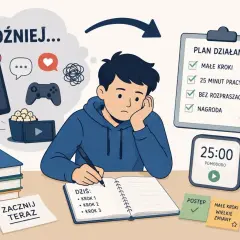Chłopak zmagający się z prokrastynacją, otoczony rozpraszaczami, ale z planem działania i motywacją "Zacznij teraz", by pokonać odkładanie na później.