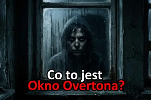 Mroczna postać w kapturze patrzy przez zaparowane okno. Napis: "Co to jest Okno Overtona?".