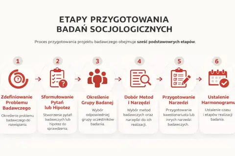 Schemat przedstawia 6 etapów przygotowania badań socjologicznych: definicja problemu, pytania/hipotezy, grupa badana, metody i narzędzia, przygotowanie narzędzi, harmonogram.