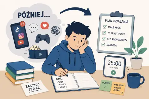 Chłopak zmagający się z prokrastynacją, otoczony rozpraszaczami, ale z planem działania i motywacją "Zacznij teraz", by pokonać odkładanie na później.