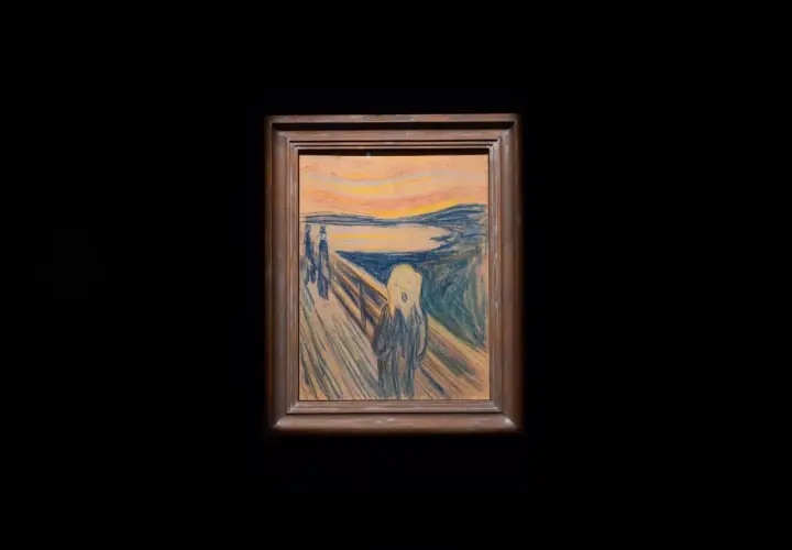 Obraz "Krzyk" inspirowany Van Goghiem, przedstawia przerażoną postać na tle krwawego nieba.