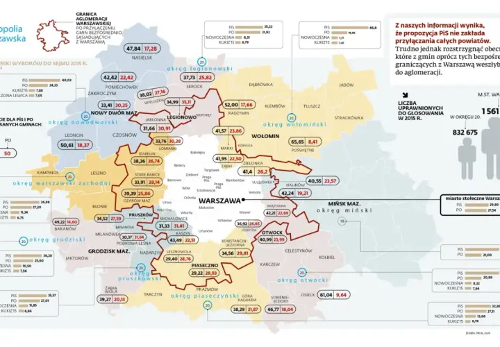 Mapa pokazuje, jak duża jest Warszawa i jej aglomeracja, z wynikami wyborów i poparciem partii w poszczególnych gminach.
