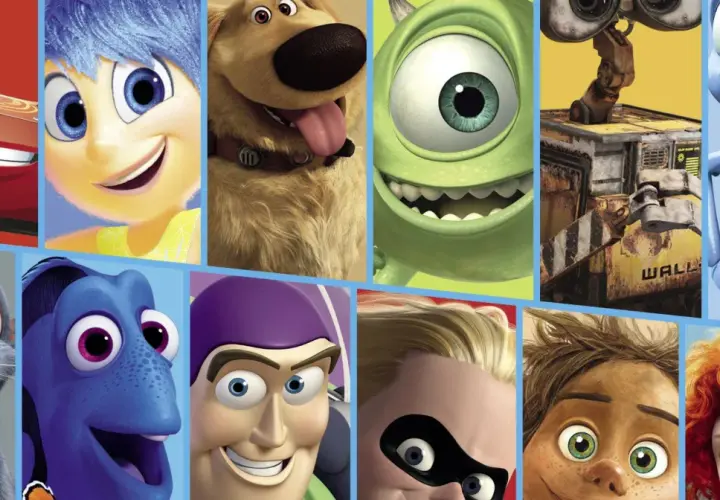 Kolaż postaci z filmów Pixara: Zygzak McQueen, Radość, Dug, Mike Wazowski, WALL-E, Flik, Remy, Dory, Buzz Astral, Pan Niesamowity, Arlo i Merida. To film o emocjach dla dzieci.