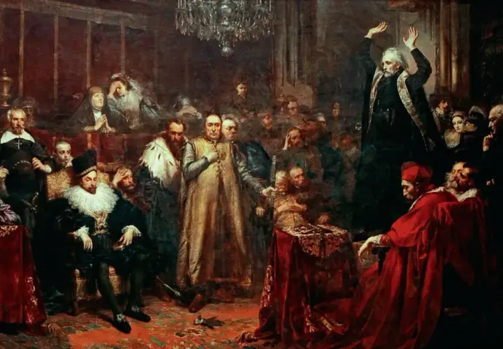 Scena z życia dworskiego, ukazująca bogactwo i przepych epoki barok w Polsce. W centrum mężczyzna w złotej szacie, otoczony przez dostojników.
