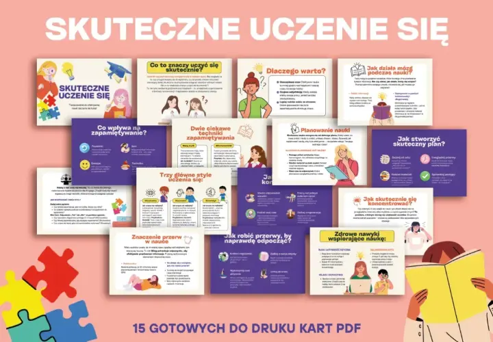 Ilustracja z kartami PDF o skutecznym uczeniu się, z grafikami i tekstem.