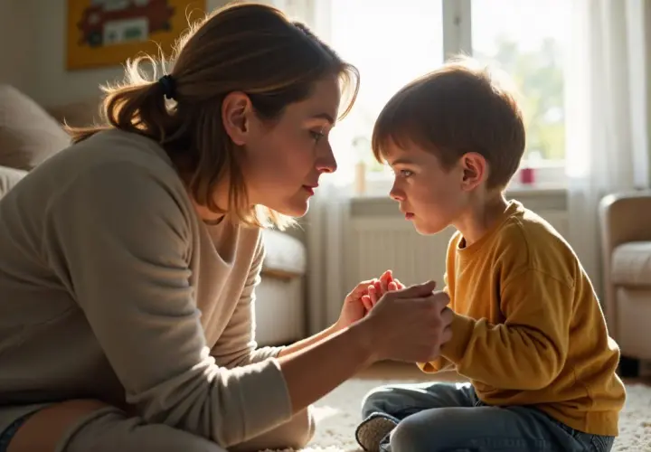 Mama czule trzyma dłonie syna, rozmawiając z nim o tym, jak oduczyć dziecko przeklinania.