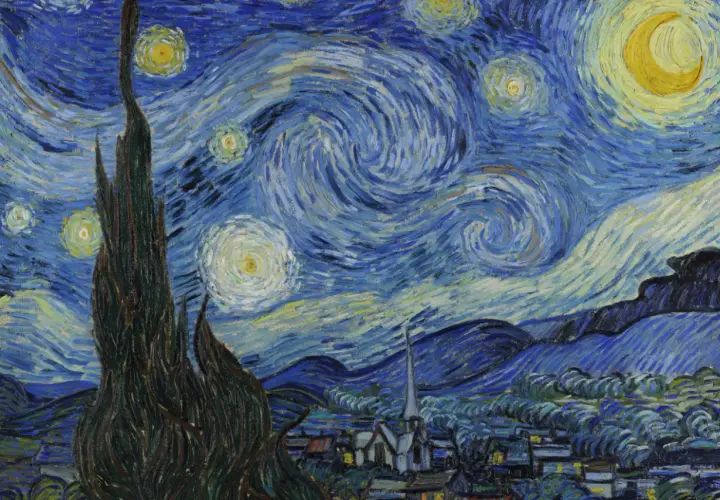 Wirujący nocny krajobraz Van Gogha, z cyprysem przypominającym ucho, gwiazdami i księżycem.