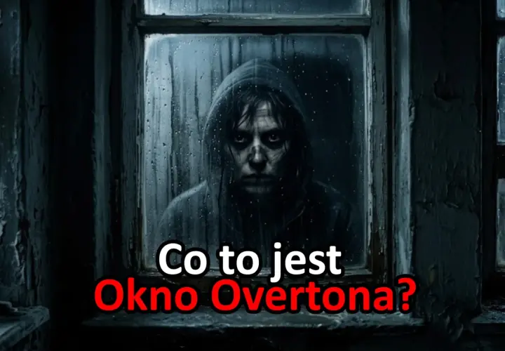 Mroczna postać w kapturze patrzy przez zaparowane okno. Napis: "Co to jest Okno Overtona?".