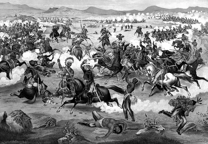 Bitwa na równinach, gdzie **dakota wśród Indian** walczy z żołnierzami. Widać chaos, konie i dym.