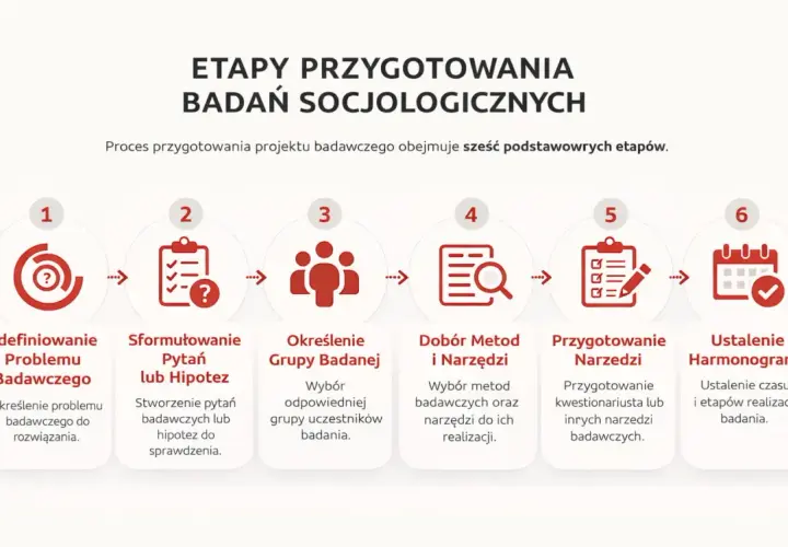 Schemat przedstawia 6 etapów przygotowania badań socjologicznych: definicja problemu, pytania/hipotezy, grupa badana, metody i narzędzia, przygotowanie narzędzi, harmonogram.
