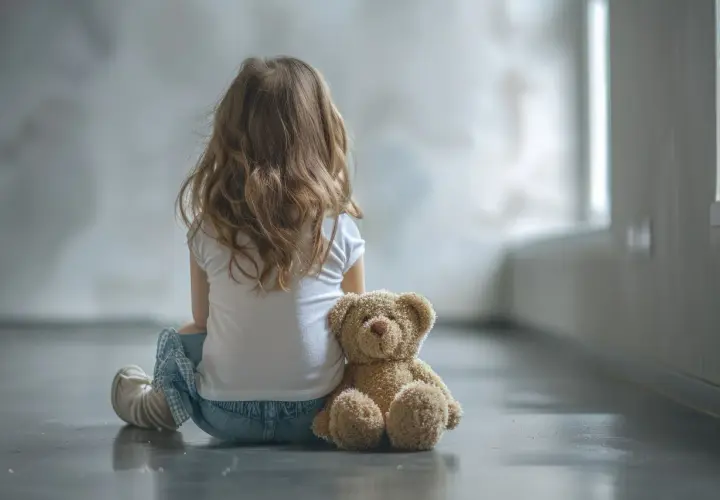 Dziewczynka z misiem, jej świat jest inny. Autyzm u dziewczynek bywa trudny do zauważenia.