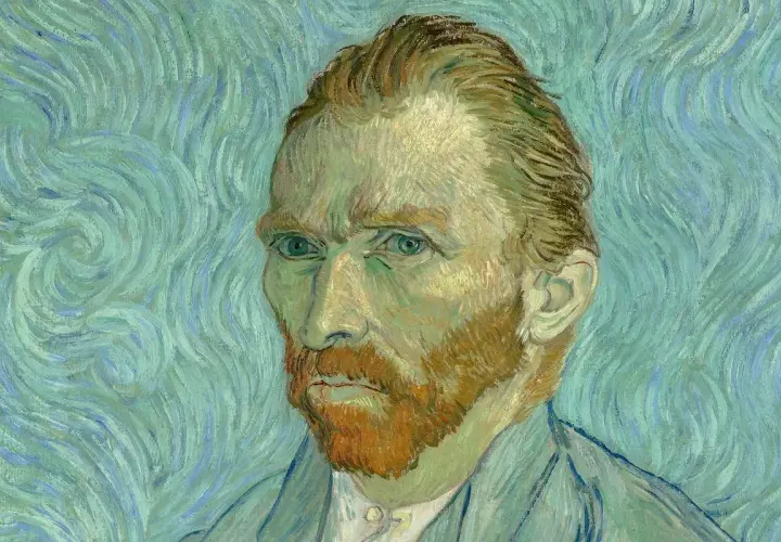 Portret Vincenta van Gogha z intensywnym spojrzeniem, na tle wirującego, błękitnego nieba.