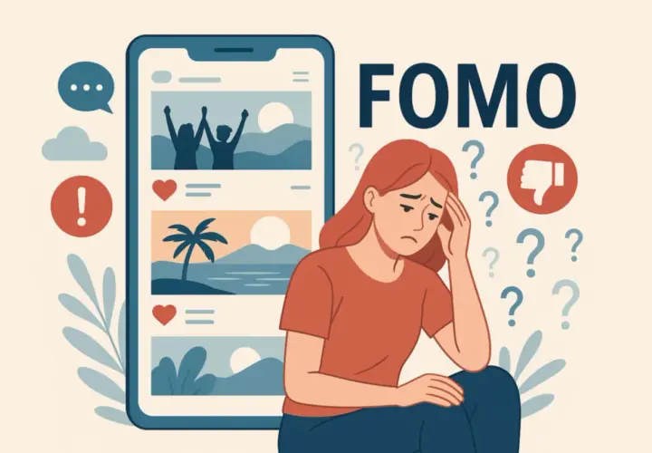 Smutna dziewczyna z FOMO, widząc w telefonie zdjęcia z wakacji, czuje, co można stracić.