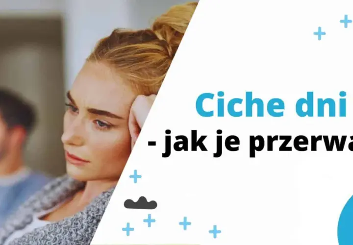 Smutna kobieta z mężczyzną w tle. Tekst: "Ciche dni - jak je przerwać?". Dystans po kłótni.
