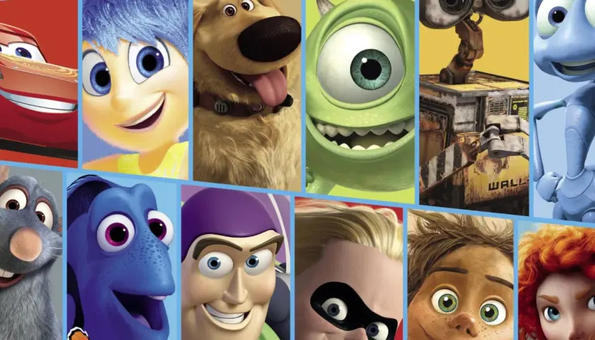 Kolaż postaci z filmów Pixara: Zygzak McQueen, Radość, Dug, Mike Wazowski, WALL-E, Flik, Remy, Dory, Buzz Astral, Pan Niesamowity, Arlo i Merida. To film o emocjach dla dzieci.