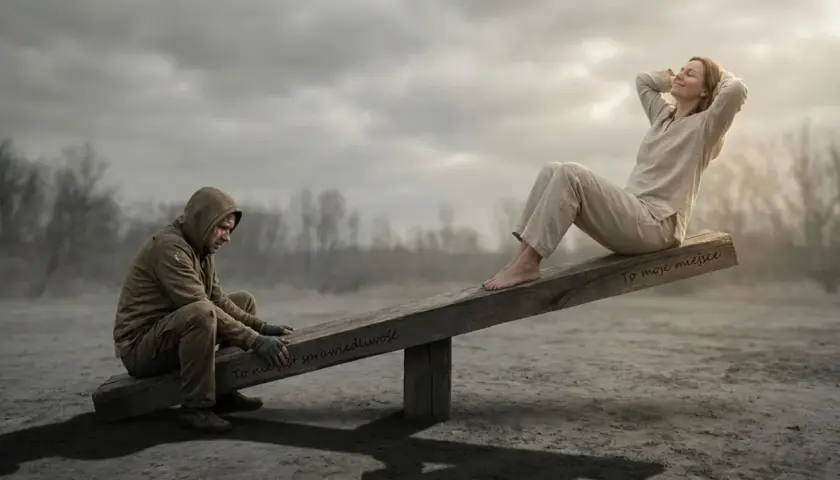 Nienawiść między dorosłym rodzeństwem. Na huśtawce siedzi zadowolona kobieta, podczas gdy mężczyzna w kapturze, zrezygnowany, siedzi niżej.