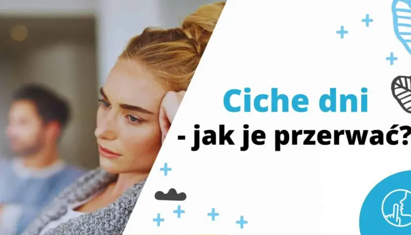 Smutna kobieta z mężczyzną w tle. Tekst: "Ciche dni - jak je przerwać?". Dystans po kłótni.
