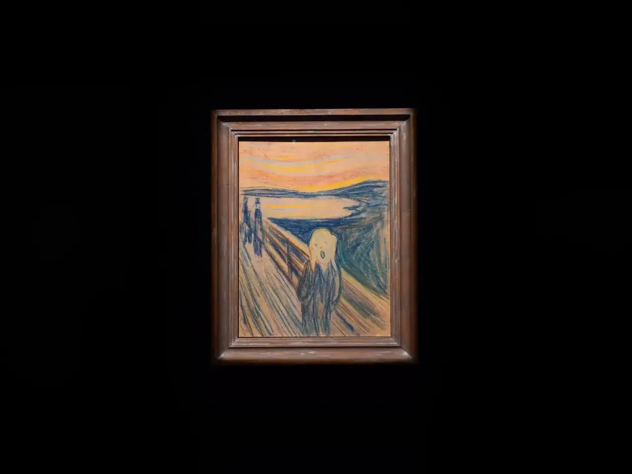 Obraz "Krzyk" inspirowany Van Goghiem, przedstawia przerażoną postać na tle krwawego nieba.