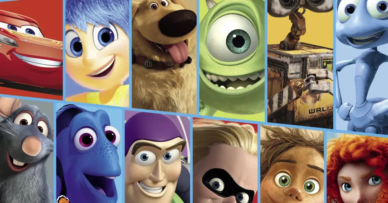 Kolaż postaci z filmów Pixara: Zygzak McQueen, Radość, Dug, Mike Wazowski, WALL-E, Flik, Remy, Dory, Buzz Astral, Pan Niesamowity, Arlo i Merida. To film o emocjach dla dzieci.