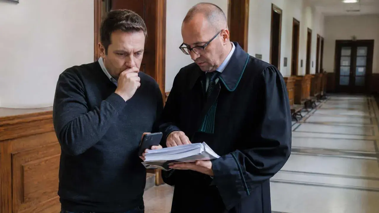 Mężczyzna w szacie prawniczej pokazuje dokumenty drugiemu mężczyźnie, który wygląda na zmartwionego. Sprawa dotyczy gwałtu na mężczyźnie.