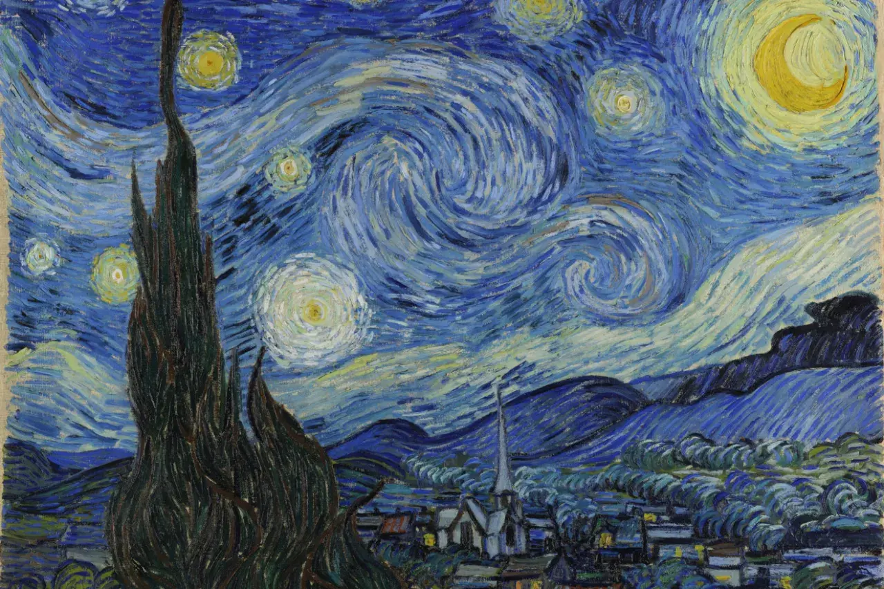 Wirujący nocny krajobraz Van Gogha, z cyprysem przypominającym ucho, gwiazdami i księżycem.