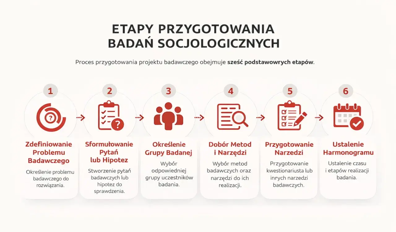 Schemat przedstawia 6 etapów przygotowania badań socjologicznych: definicja problemu, pytania/hipotezy, grupa badana, metody i narzędzia, przygotowanie narzędzi, harmonogram.
