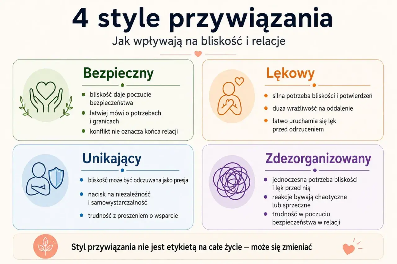 4 style przywiązania: bezpieczny, lękowy, unikający, zdezorganizowany. Jak wpływają na intymność co to i relacje.