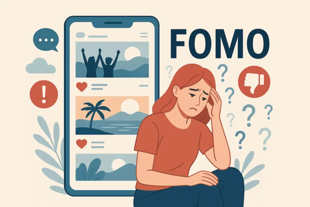 Smutna dziewczyna z FOMO, widząc w telefonie zdjęcia z wakacji, czuje, co można stracić.