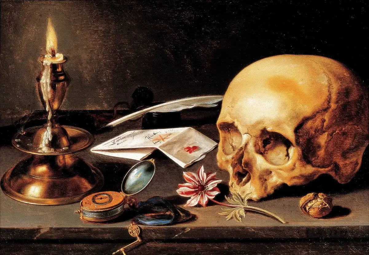 Barokowy motyw vanitas: czaszka, płonąca świeca, zegarek kieszonkowy, pi&oacute;ro i list przypominają o przemijaniu.
