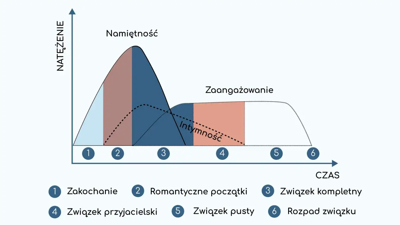Wykres pokazuje fazy związku: od zauroczenia, przez namiętność i intymność, po zaangażowanie. On chce tylko romansu, ale związek ewoluuje.