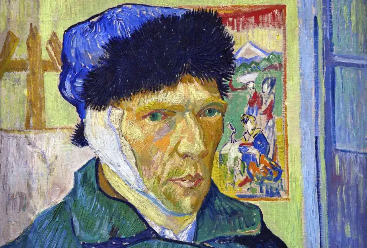 Autoportret z zabandażowanym uchem, dzieło van Gogha. Intensywne kolory i ekspresyjne pociągnięcia pędzla.
