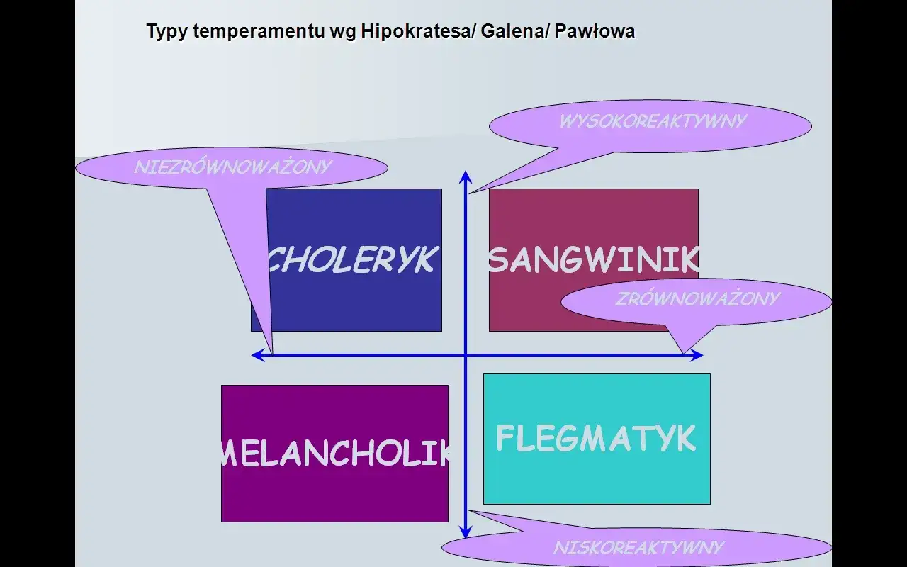 Diagram przedstawia typy temperamentu: choleryk, sangwinik, melancholik, flegmatyk. Określa, czy są zrównoważone, czy nie.