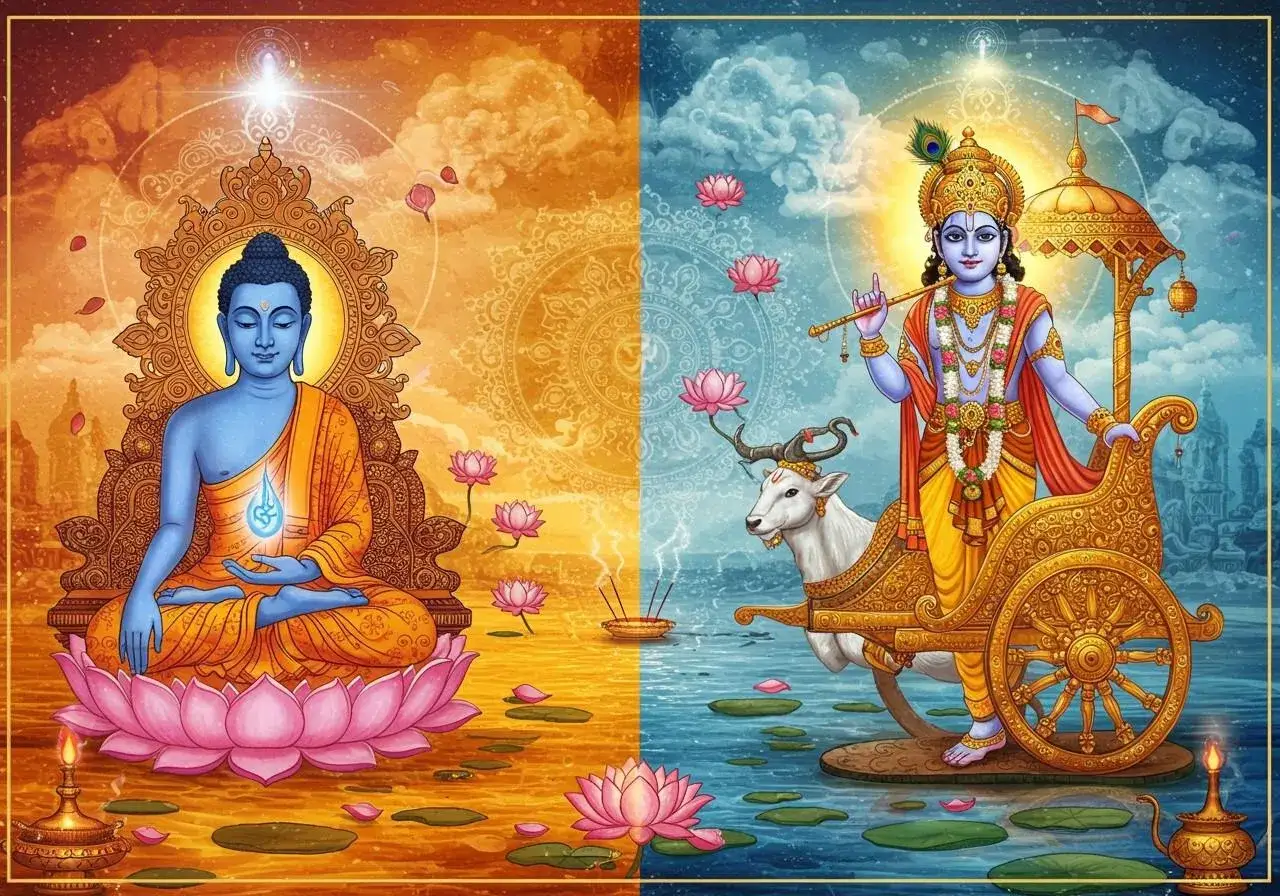 Budda i Kriszna, symbolizujący różne ścieżki duchowe. Co to dharma? To droga życia, prawda uniwersalna.