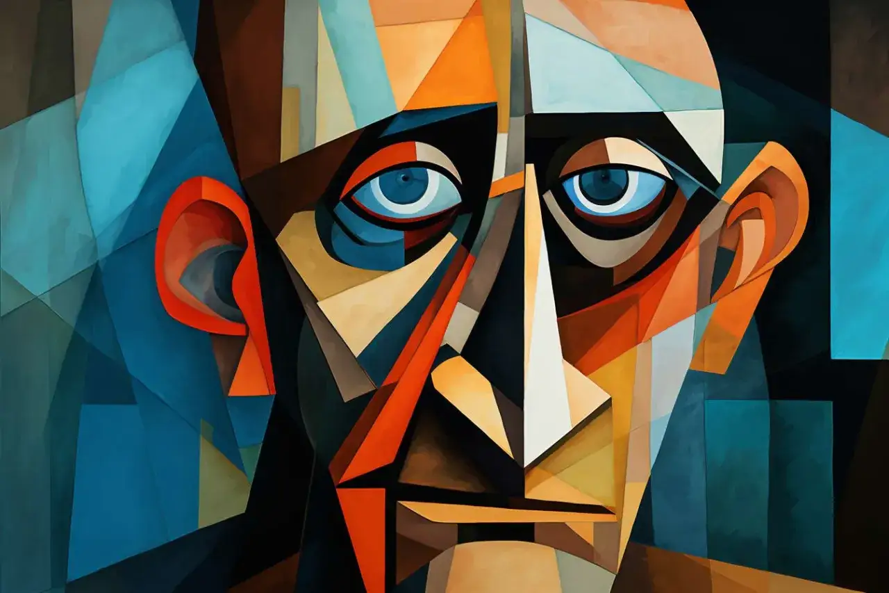 Portret w stylu kubistycznym, inspirowany dziełami Pablo Picasso. Geometryczne kształty i żywe kolory tworzą fascynującą twarz.